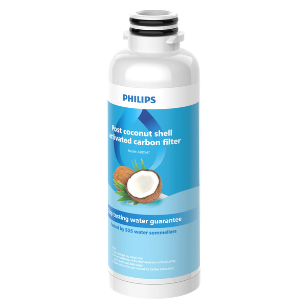 Philips ADD547 post coconut shell activated carbon filter, a white and blue bottle-shaped cartridge with a coconut graphic.