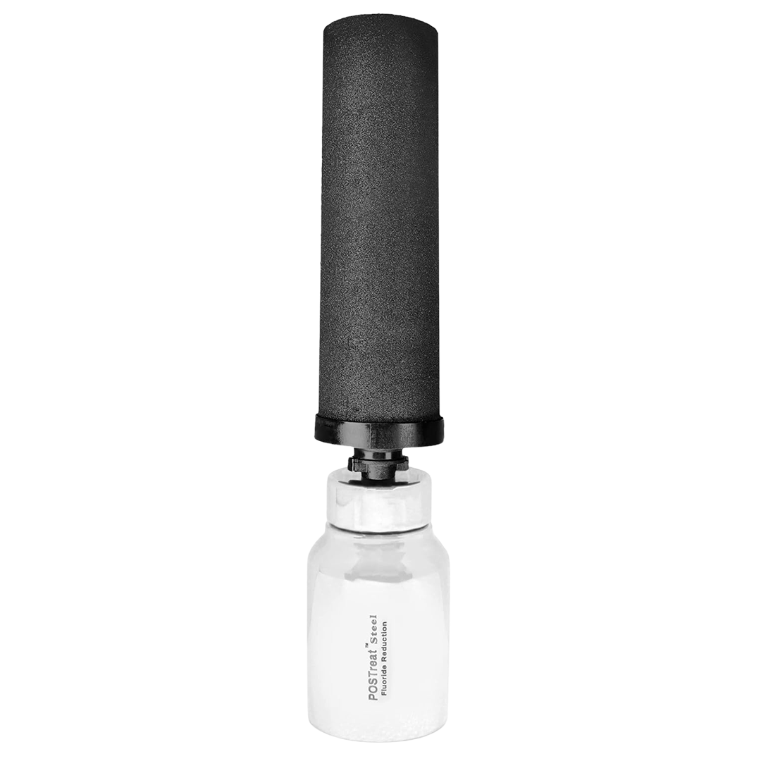 The Filteroo Rain & City Water Carbon Block Gravity Water Filter features a sleek design with a Filteroo Rain & City Water Carbon Block Gravity Water Filter Cartridge on top, displayed against a white background