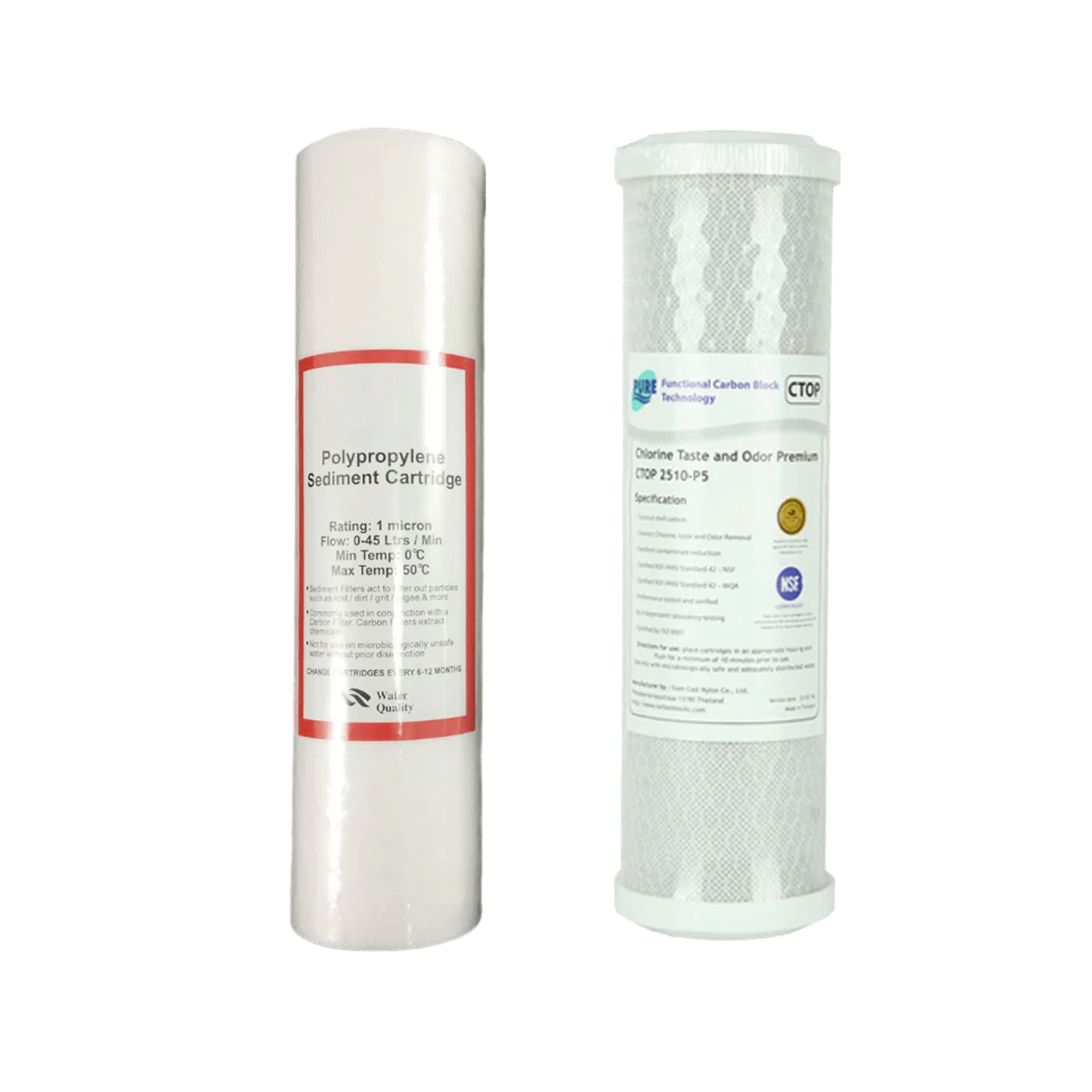 Two water filter replacements: a white polypropylene sediment cartridge and a carbon block filter with labels from the 10