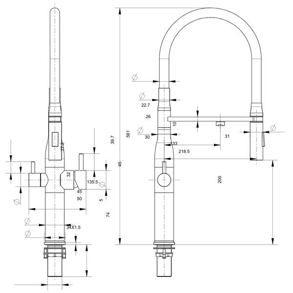 Pull Out - 3 Way Kitchen Mixer Tap - Brushed Diagram