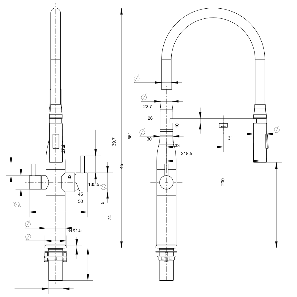 Pull Out - 3 Way Kitchen Mixer Tap - Brushed Diagram
