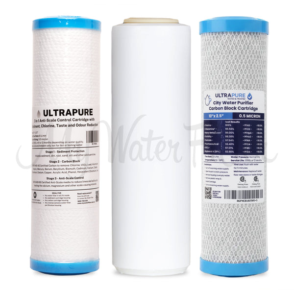 Replacement Cartridge Pack for ULTRAPURE 10" Triple Benchtop/Under Sink Water Filter with Fluoride Reduction & Sediment Protection with watermark