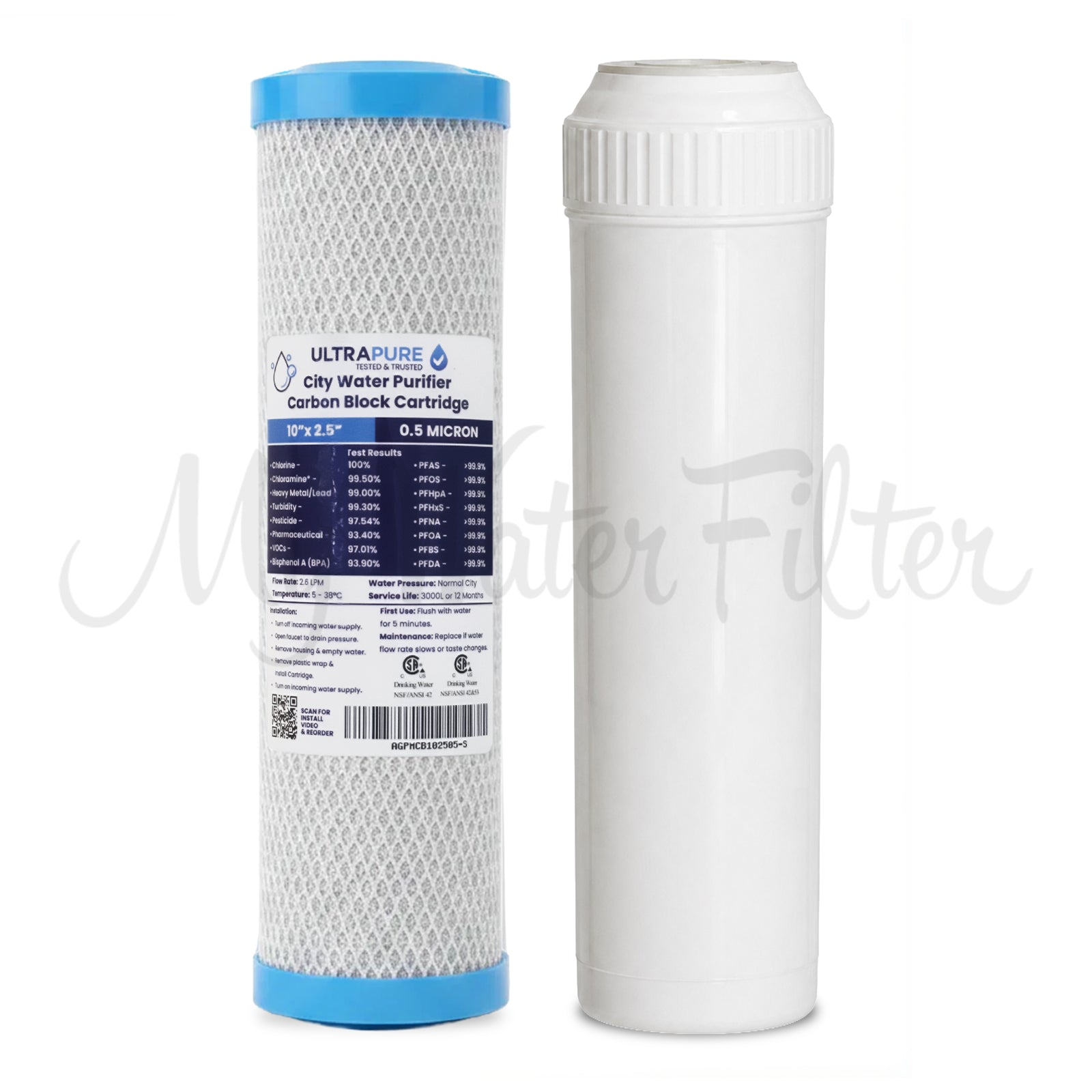 Replacement Cartridge Pack for ULTRAPURE 10" Twin Benchtop/Under Sink Water Filter System with Low Alkaline