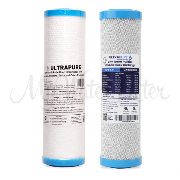 Replacement Cartridge Pack for ULTRAPURE 10" Twin Benchtop/Under Sink Water Filter System with Sediment Protection with watermark