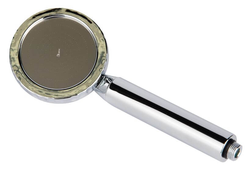 The Aroma Sense Q Vitamin C Shower Filter Shower Head, by Aroma Sense Q, is a sleek silver handheld shower head with a round face that includes a built-in Vitamin C filter. It delivers a refreshing, chlorine-free experience for your daily routine.