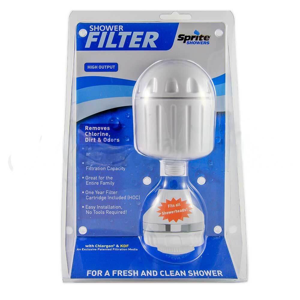 The Sprite High Output Shower Filter in White, displayed in its packaging, highlighting the product's features and branding. Experience softer skin and hair in a compact design.