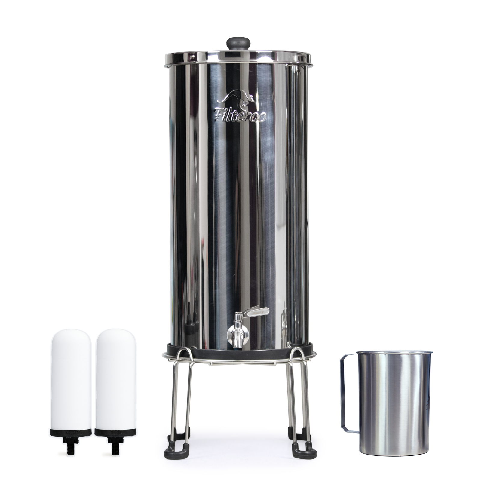 The Filteroo® Superoo with two British Berkefeld 7” Ultra Fluoride Ceramic Water Filter Candles, and with a Filteroo Stainless Steel Jug.