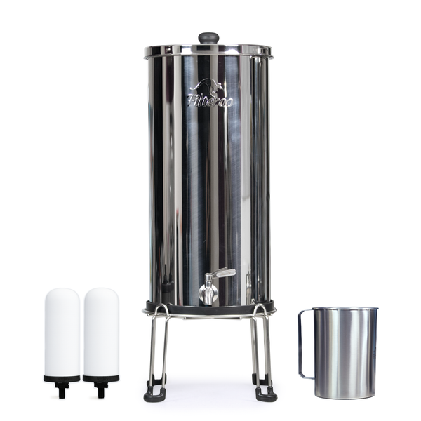 Filteroo® Superoo Stainless Steel Gravity Water Filter system, equipped with two British Berkefeld Ultra Fluoride Ceramic Water Filter Candle  and a stylish Filteroo Stainless Steel Jug.