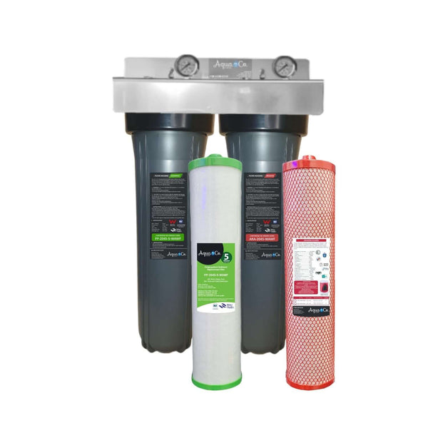 AquaCo Premium Twin Whole House Water Filter for Rain or City Water with two large grey housings in black head caps held by a stainless steel bracket with two pressure gauges on top and replacement filters in green and red end caps.