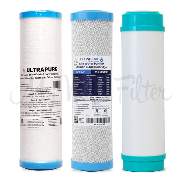 Replacement Cartridge Pack for ULTRAPURE 10" Triple Benchtop/Under Sink Water Filter System with Alkaline & Sediment Protection with watermark
