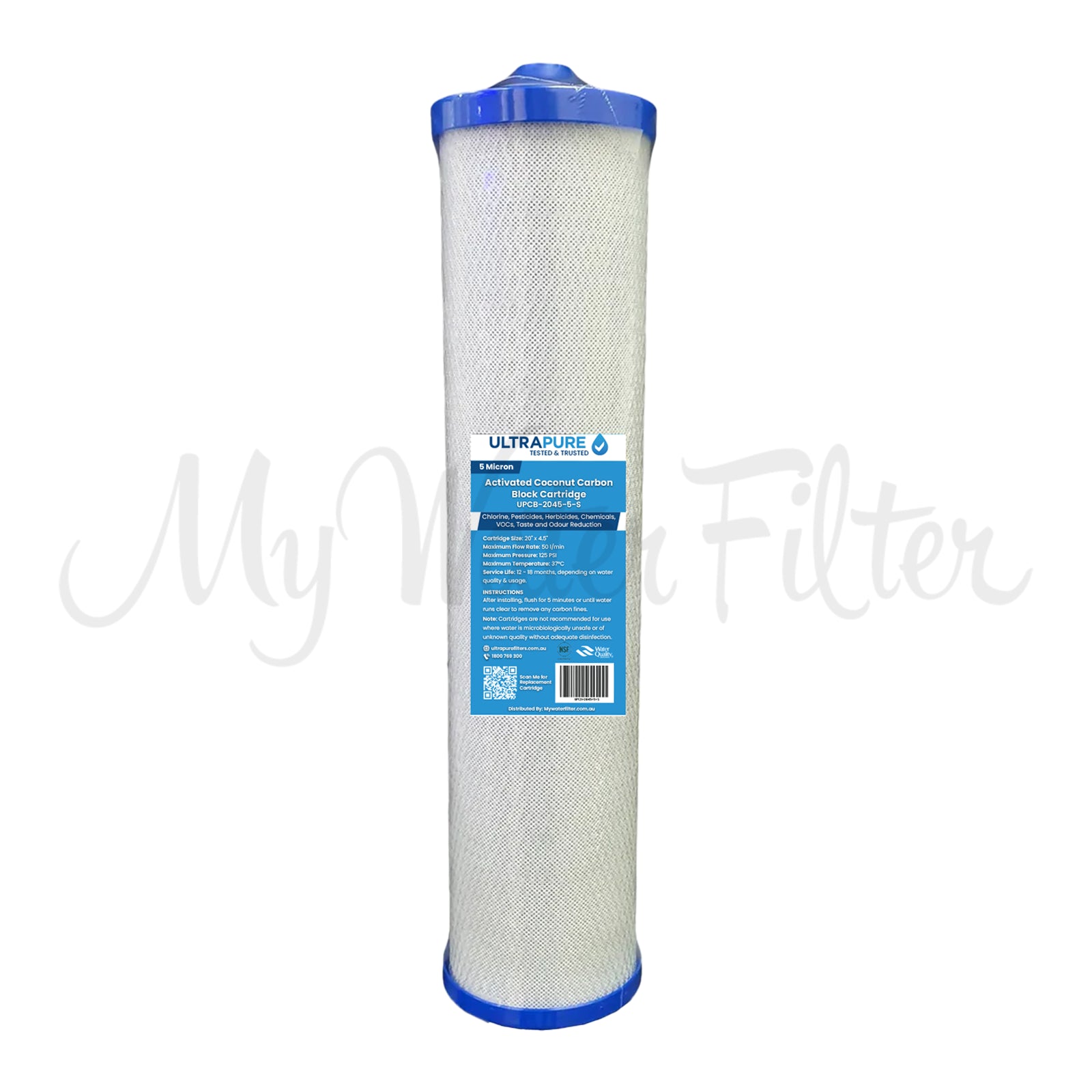 A cylindrical water filter cartridge with blue caps, labeled "ULTRAPURE 20" x 4.5" Whole House Carbon Block Water Filter Cartridge" with Nipple.