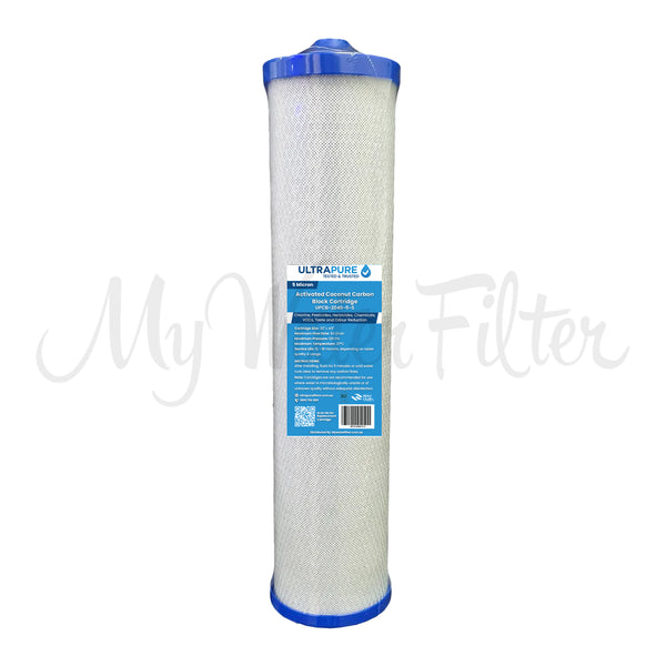 A cylindrical water filter cartridge with blue caps, labeled 