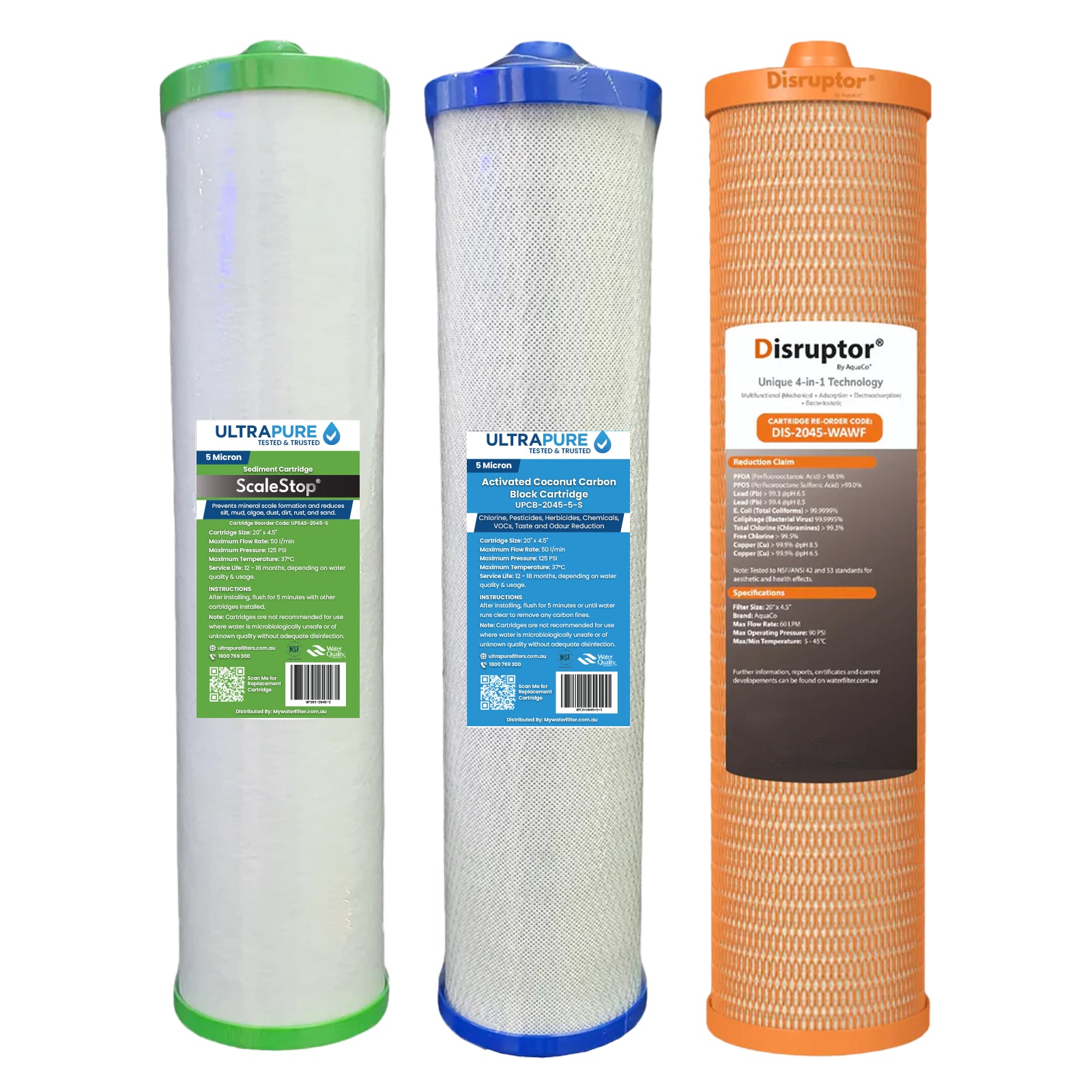 ULTRAPURE Home Filtration System cartridges – ScaleStop sediment cartridge (green label), Activated Coconut Carbon Block cartridge (blue label), and Disruptor 4-in-1 filtration cartridge (orange label) displayed side by side