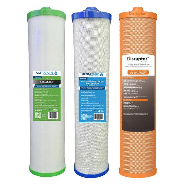 ULTRAPURE Home Filtration System cartridges – ScaleStop sediment cartridge (green label), Activated Coconut Carbon Block cartridge (blue label), and Disruptor 4-in-1 filtration cartridge (orange label) displayed side by side