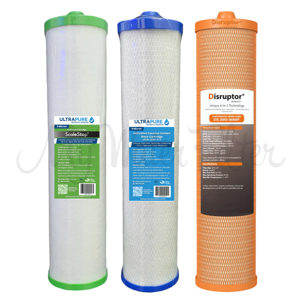 ULTRAPURE Home Filtration System cartridges – ScaleStop sediment cartridge (green label), Activated Coconut Carbon Block cartridge (blue label), and Disruptor 4-in-1 filtration cartridge (orange label) displayed side by side