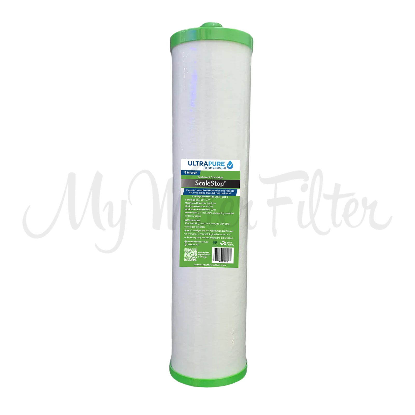 Cylindrical water filter cartridge with green caps and label identified as the ULTRAPURE 20" x 4.5" Whole House Sediment Water Filter Cartridge with Nipple.
