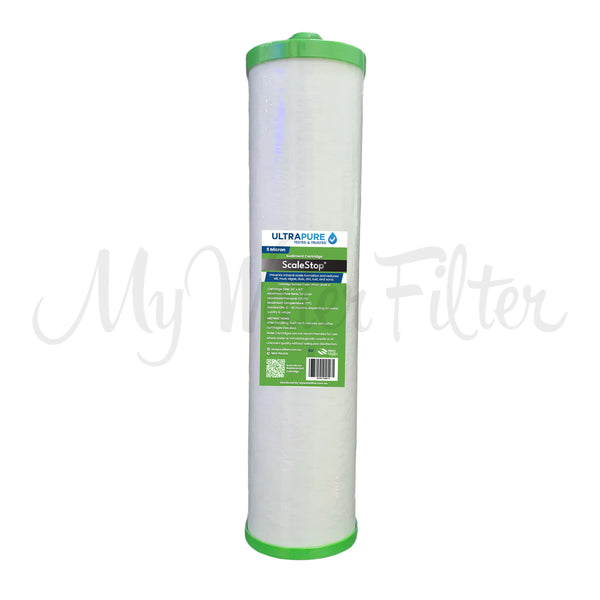 Cylindrical water filter cartridge with green caps and label identified as the ULTRAPURE 20