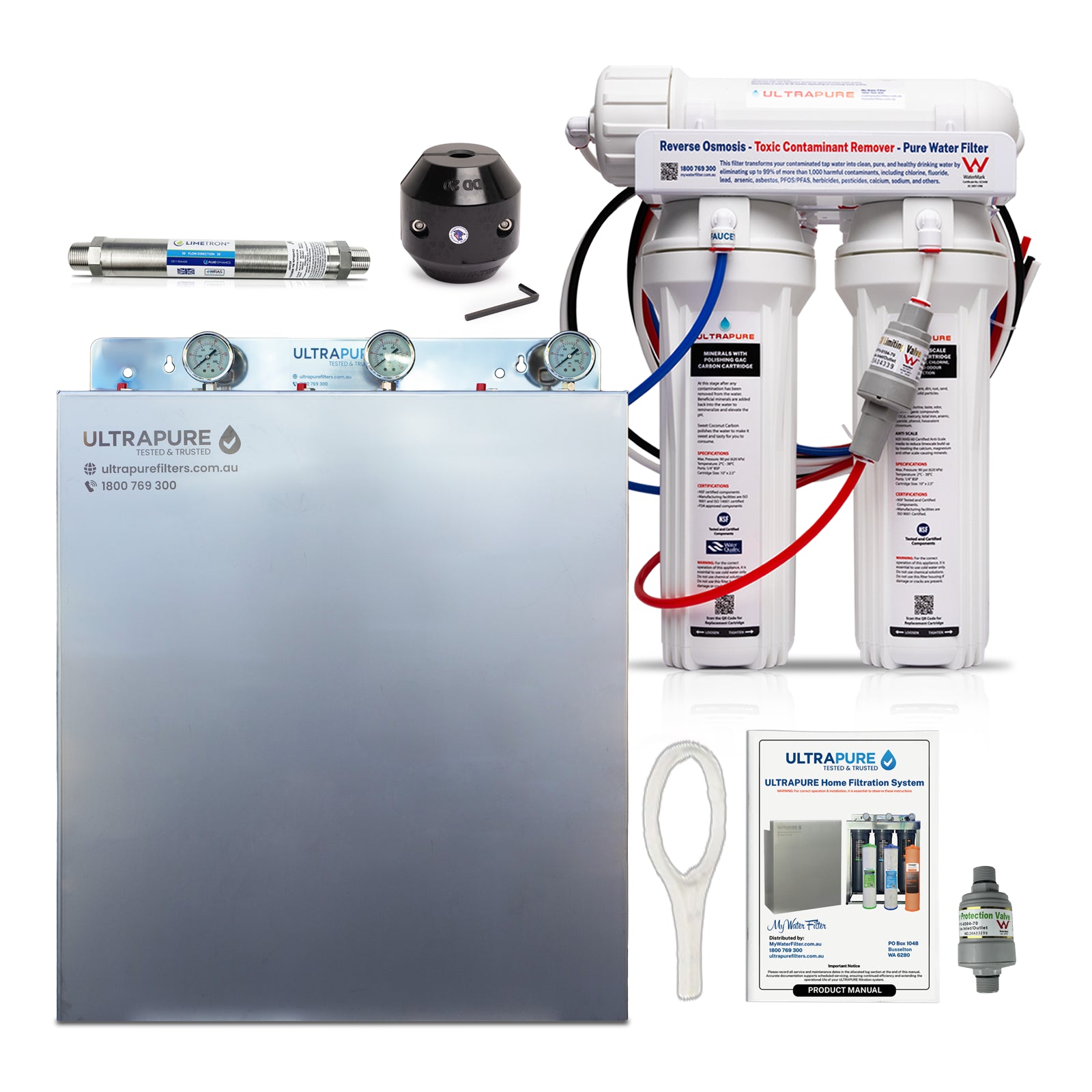 A collection of water filtration components for an Ultrapure home system. The main items are a large stainless steel control panel, a twin-cartridge undersink reverse osmosis unit, a diamond magnet water conditioner, and a Limetron mineral treatment device, all arranged on a white background with accompanying accessories