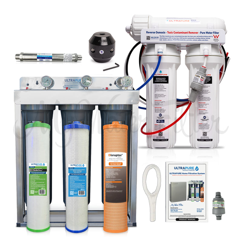 An uncovered Ultrapure home water filtration system, revealing three large vertical filter cartridges in a stainless steel frame. The image also displays a separate twin-cartridge undersink reverse osmosis unit, a diamond magnet water conditioner, a Limetron mineral treatment device, and other accessories against a white background