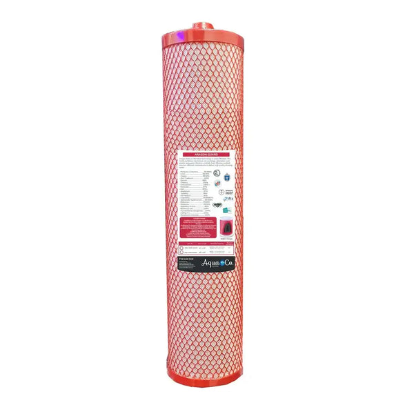 A red cylindrical Aragon filter cartridge with a mesh exterior as part of the AquaCo Premium Twin Whole House Water Filter for Rain or City Water Replacement Cartridge Pack.
