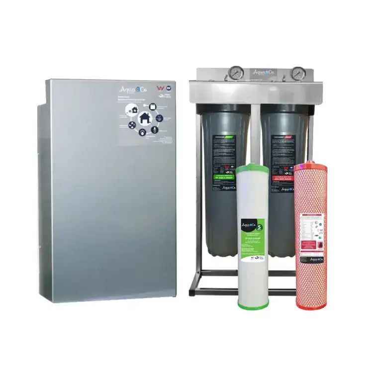 AquaCo Premium Twin Whole House Water Filter, including a silver protective stainless steel cover and two cylindrical filters in grey housing with black end caps held by a stainless steel bracket and two pressure gauges on top and comes with additional green filter for sediment protection and red filter called the Aragon.