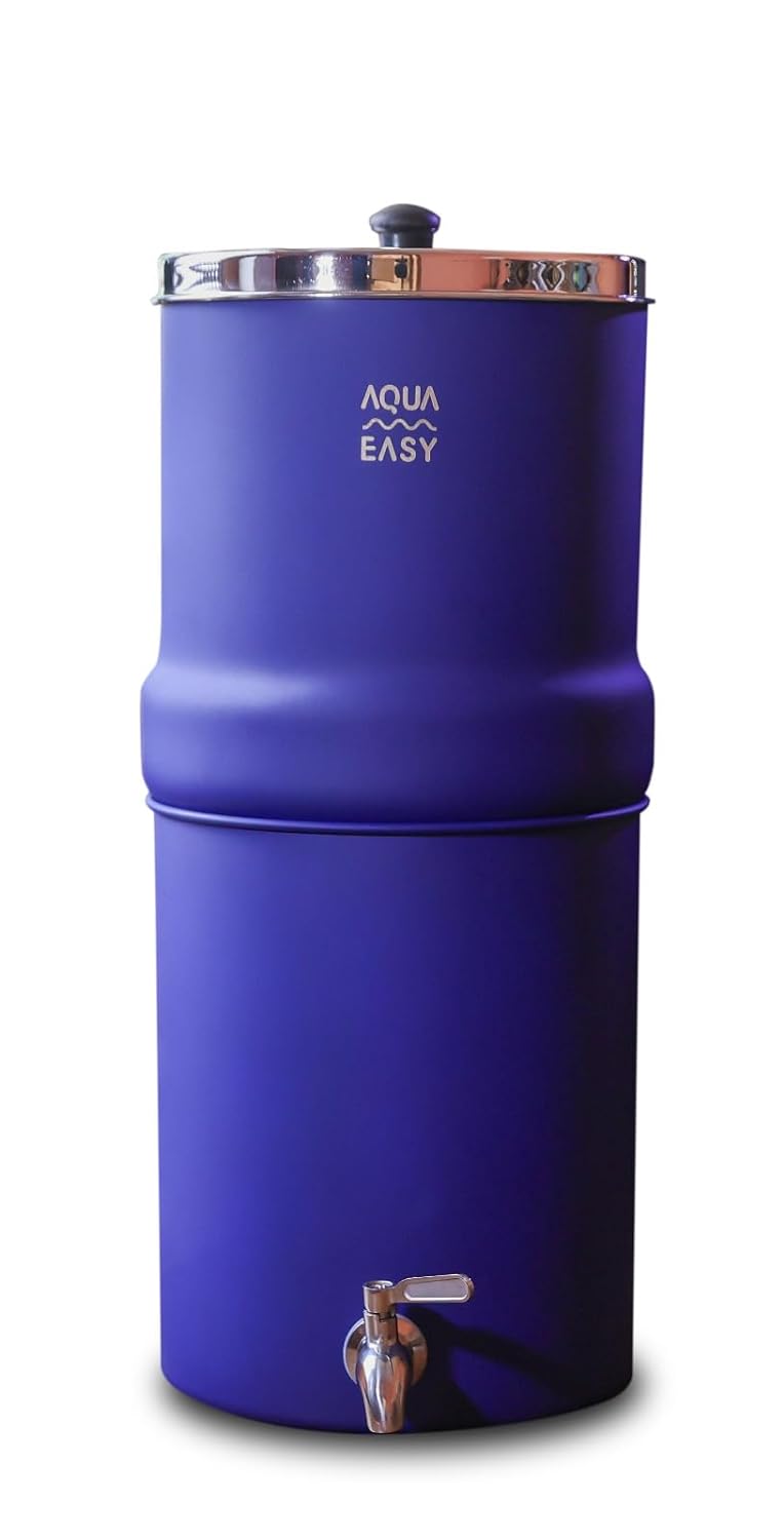 The blue  AquaEasy Stainless Steel Gravity Water Filter System with a stainless steel tap and lid
