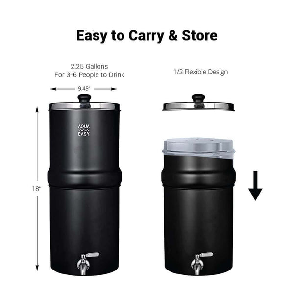A black AquaEasy Stainless Steel Gravity Water Filter System, featuring a portable 2.25-gallon capacity, with measurement and displayed both assembled and disassembled with the label 
