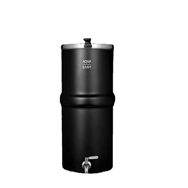 AquaEasy Stainless Steel Gravity Water Filter System with a tap, showcased on a black backdrop.