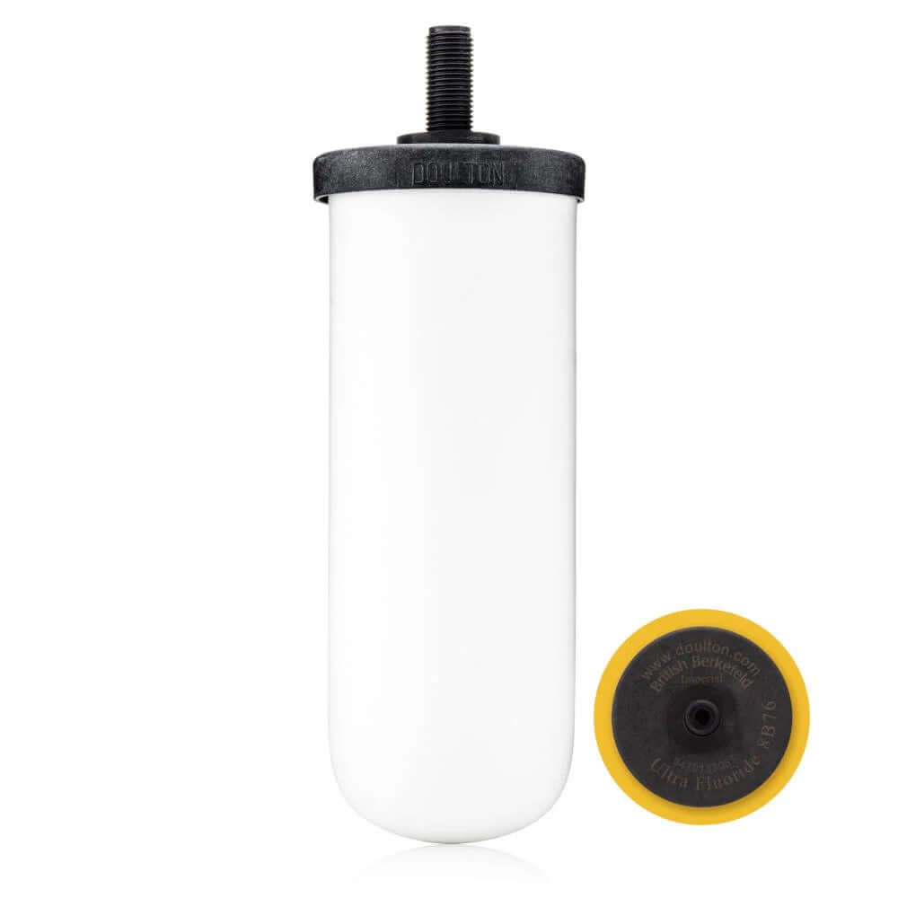 White ceramic cylindrical British Berkefeld® Gravity System by Doulton, featuring a black threaded cap