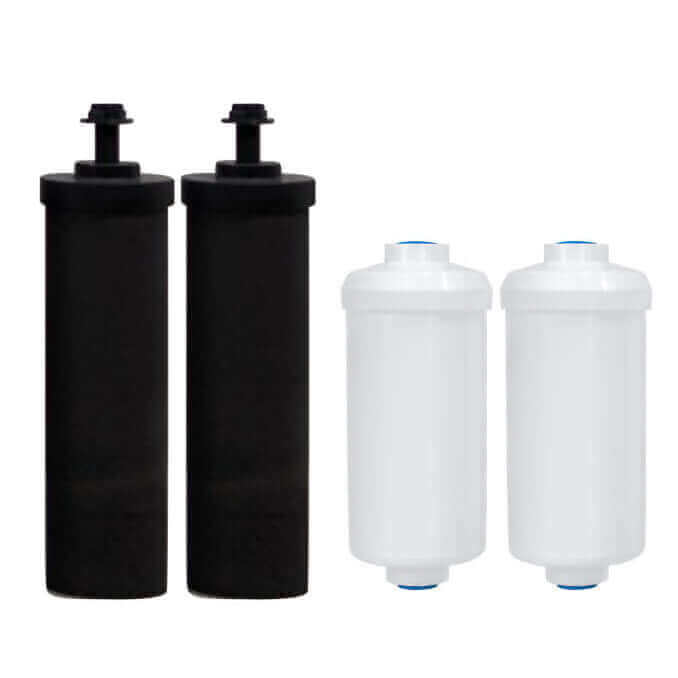 Two black Filteroo Carbon Blockcartridges on the left and two white Filteroo Max Fluoride cartridges on the right as part of the Filteroo® Stainless Steel Gravity Water Filter with Fluoride Removal.