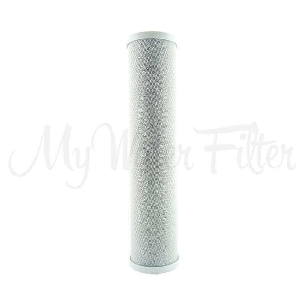 A cylindrical carbon block cartridge with a white mesh design as part of the MWF 20
