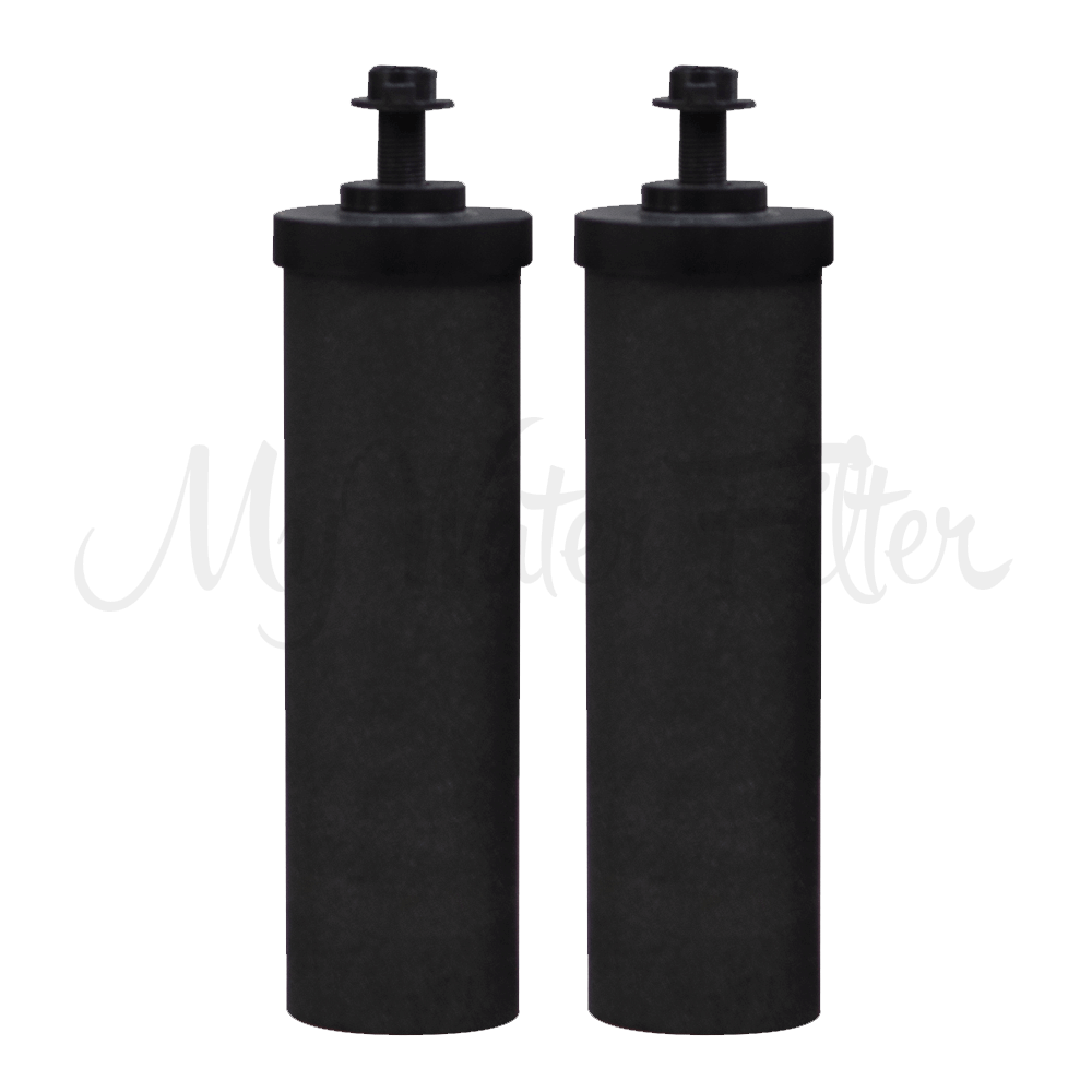 Two Filteroo black cylindrical carbon block filter cartridges with attached connectors, standing upright on a white background.