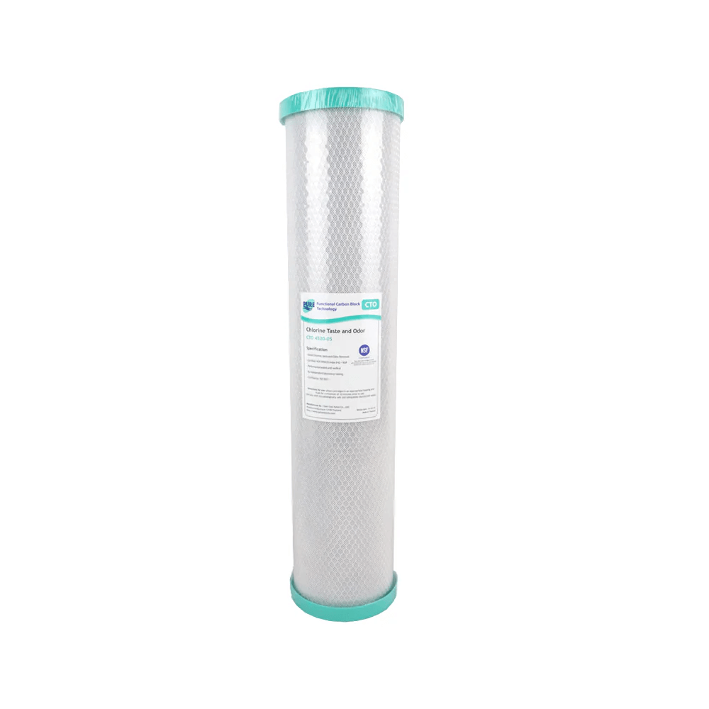 A white cartridge with teal caps, designed for the 20" x 4.5" Single Stage Carbon Block Big Blue Whole House Water Filter System