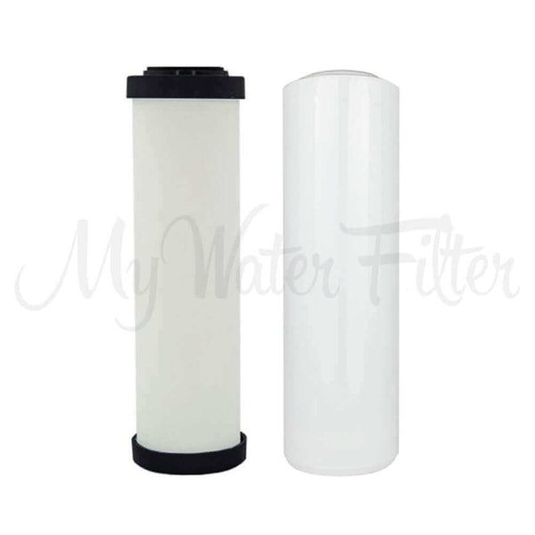 A set of white Replacement Cartridge Pack for the Doulton Ultracarb, with Doulton cartridge featuring black ends an the Alkaline cartridge.