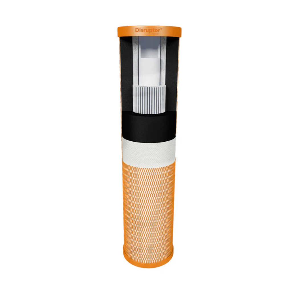 Cutaway view of the Disruptor 20 x 4.5 inch water filtration cartridge showing internal multi-stage filtration layers with nanofibre technology