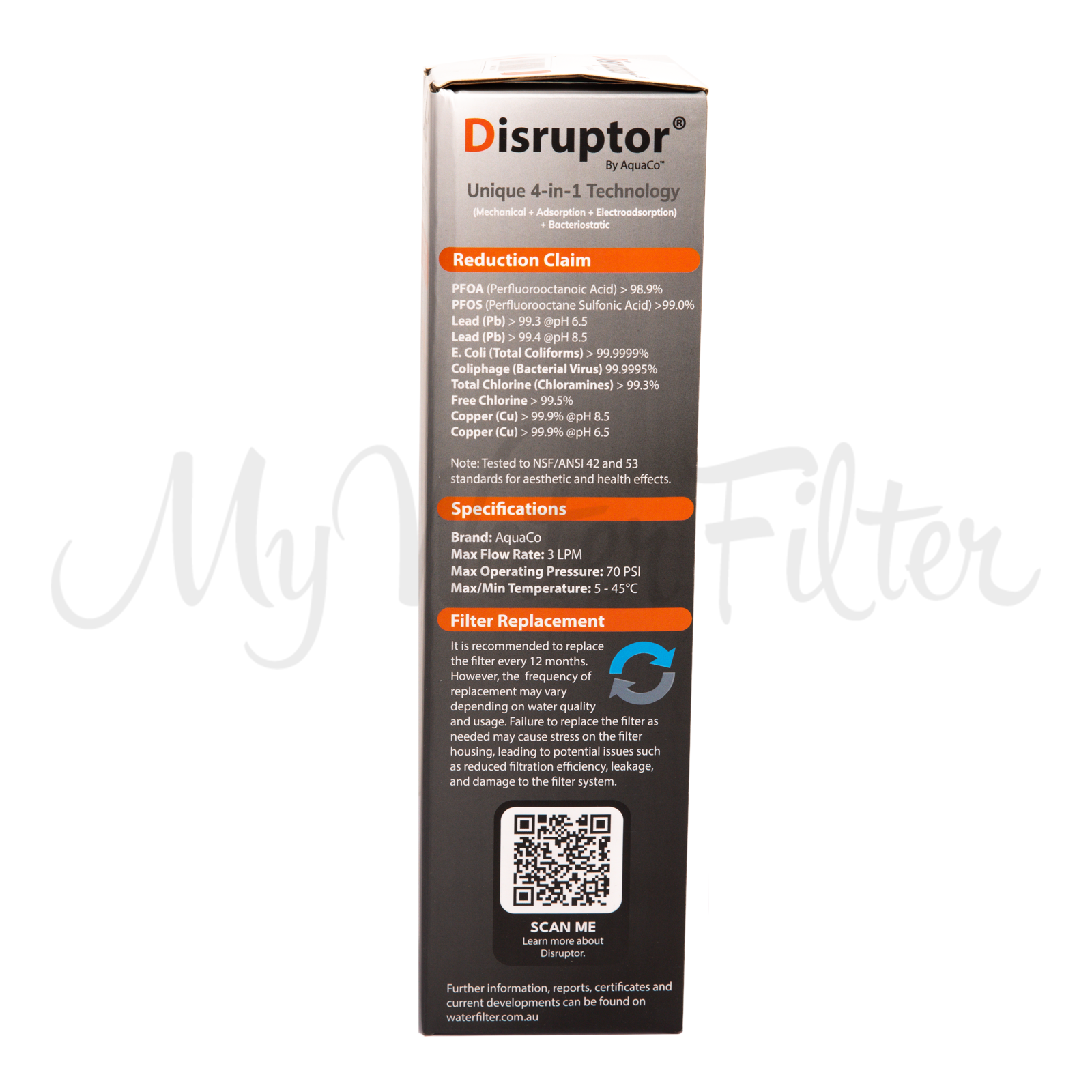 Disruptor® 10" x 4.5" International Industry Standard Water Filtration Cartridge box side view