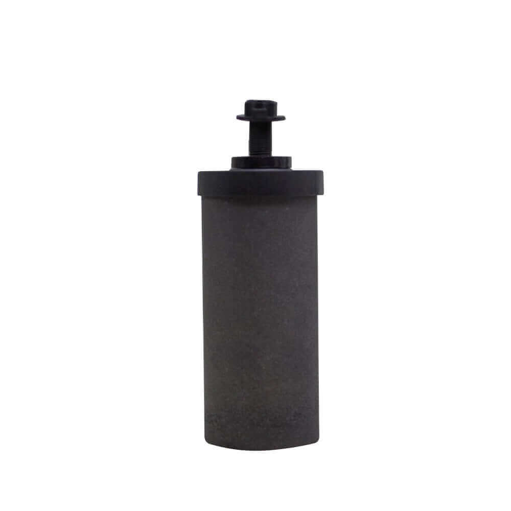 The Filteroo® Joey 12L Gravity Ceramic Water Filter, featuring Grander Revitalised Structured Water, stands upright with elegance, showcasing a sleek black filter cartridge and a threaded cap on top. This gravity water filter from Filteroo combines efficiency with discreet water purification.