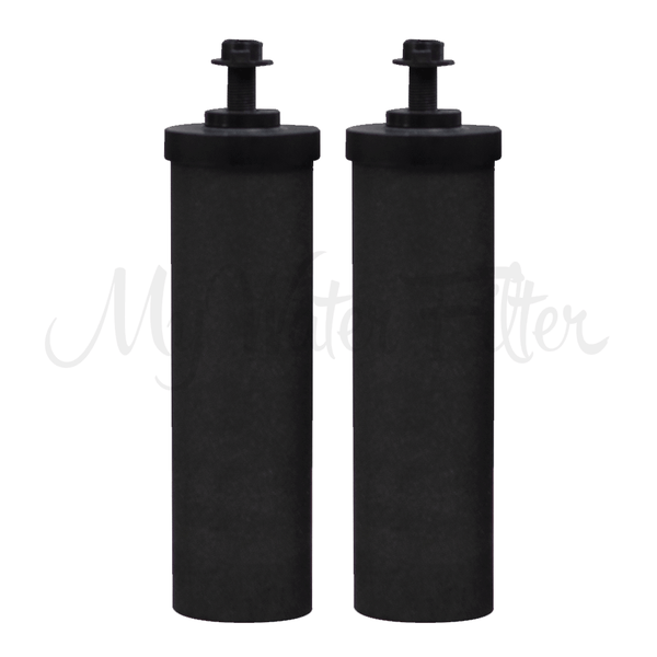 Two black Filteroo cylindrical carbon block cartridges with rubber washer on top standing side by side.