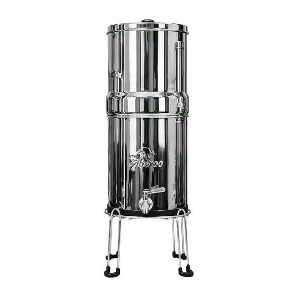 Filteroo's Stainless Steel Gravity Water Filter elegantly displayed on a stainless steel stand with a spout and prominently featuring the Filteroo® brand logo on the front. Available in 6L, 9L and 12L.