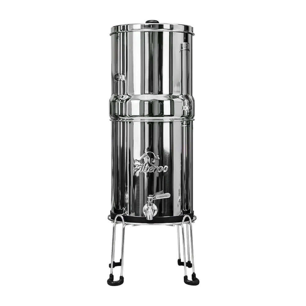 Filteroo's Stainless Steel Gravity Water Filter elegantly displayed on a stainless steel stand with a spout and prominently featuring the Filteroo® brand logo on the front. Available in 6L, 9L and 12L.