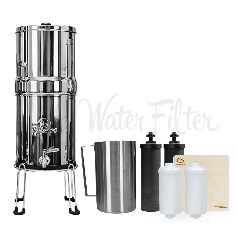 Filteroo Stainless Steel Gravity Water Filter with Fluoride Removal Cartridge and Grander