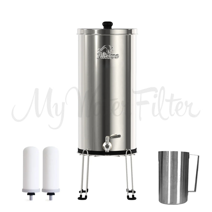 The Filteroo® Superoo stainless steel gravity water filter, which includes options for 12L, 16L, and 20L capacities, sits on a stainless steel stand with a stainless steel tap, features two ceramic cartridges on the left and a metal pitcher on the right