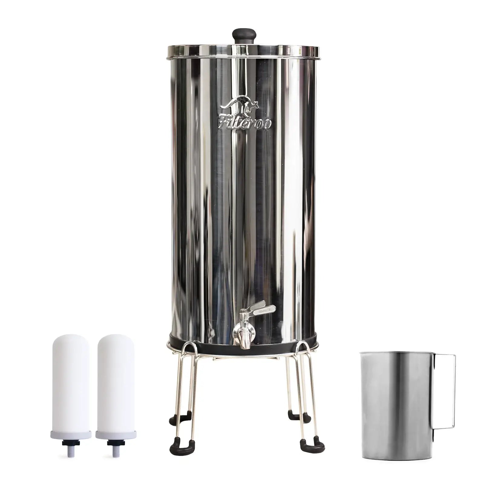 The Filteroo® Superoo stainless steel gravity water filter, which includes options for 12L, 16L, and 20L capacities, sits on a stainless steel stand with a stainless steel tap, features two ceramic cartridges on the left and a metal pitcher on the right