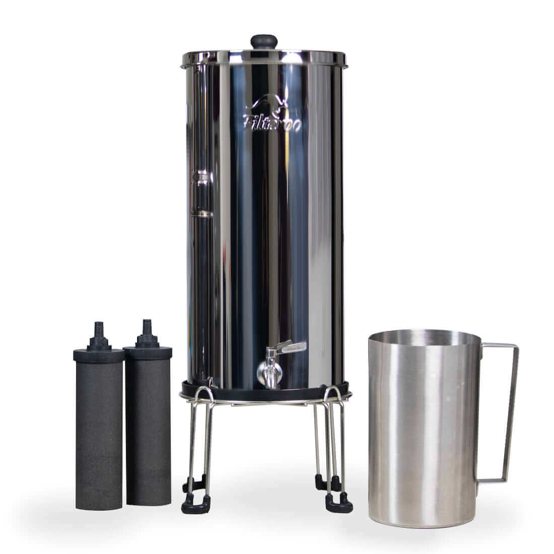 The Filteroo® Superoo 16L Stainless Steel Gravity Water Filter sits on a stand with two black carbon filters and a stainless steel jug.
