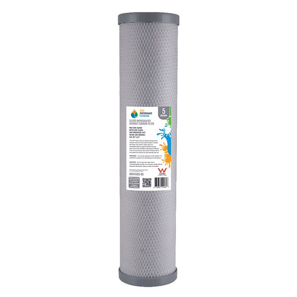 A cylindrical silver impregnated carbon block filter with a sleek grey end caps as part of the HPF 20