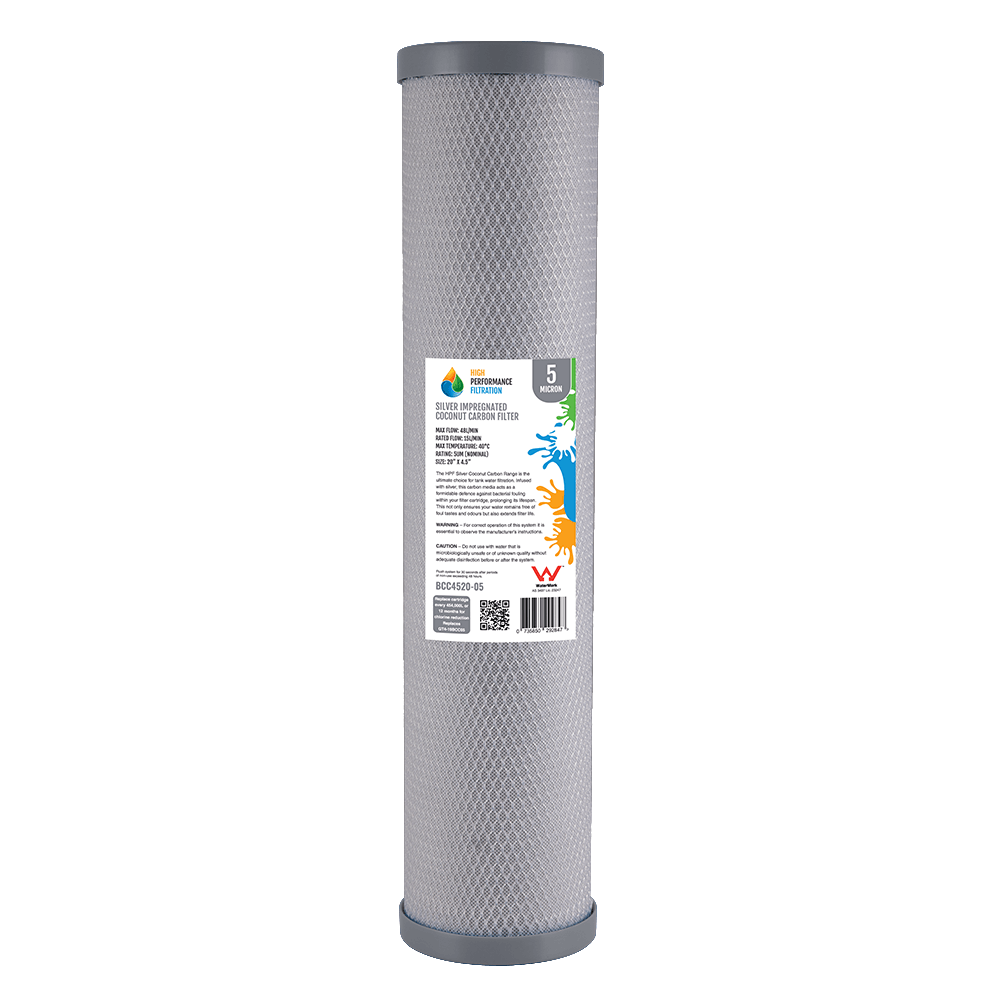 A cylindrical silver impregnated carbon block filter with a sleek grey end caps as part of the HPF 20" x 4.5" Triple Big Blue Whole House Chlorine Reduction Water Filter System.