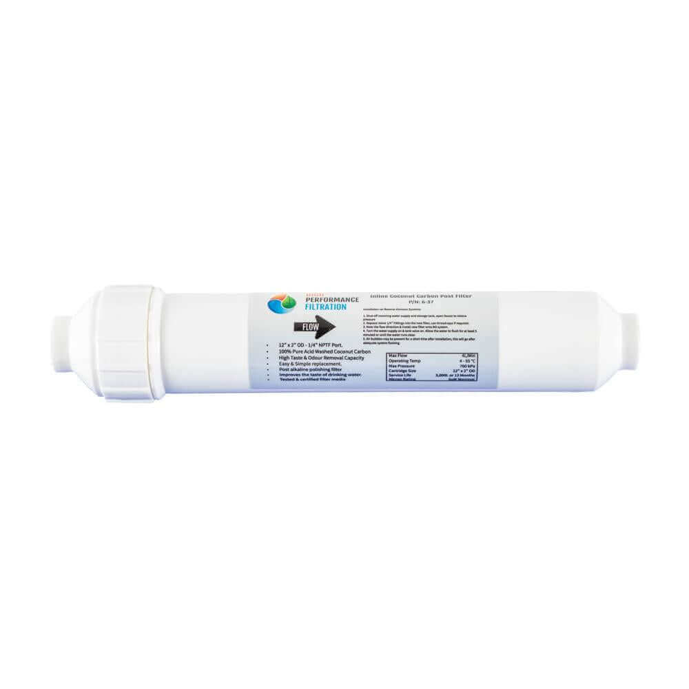 A HPF Inline Coconut Carbon Post Filter Water Filter Replacement Cartridge, measuring 12" x 2", is a white filter cartridge featuring a label and performance details.