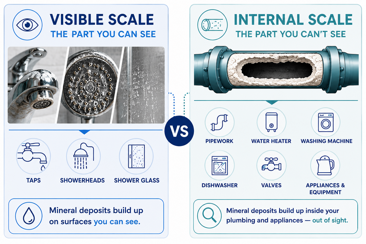 Mineral deposits accumulate inside plumbing and appliances as well as on visible surfaces