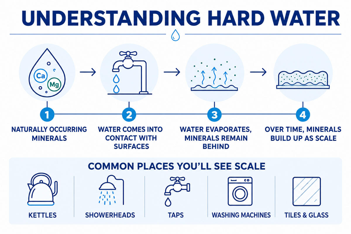 Understanding hard water: dissolved calcium and magnesium left behind as water evaporates