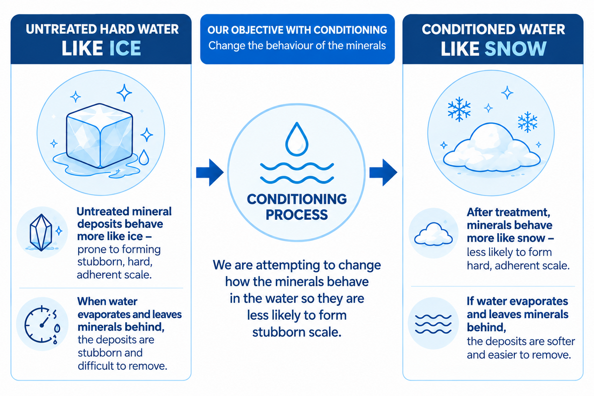 Untreated hard water behaves like ice; after conditioning the minerals behave more like snow